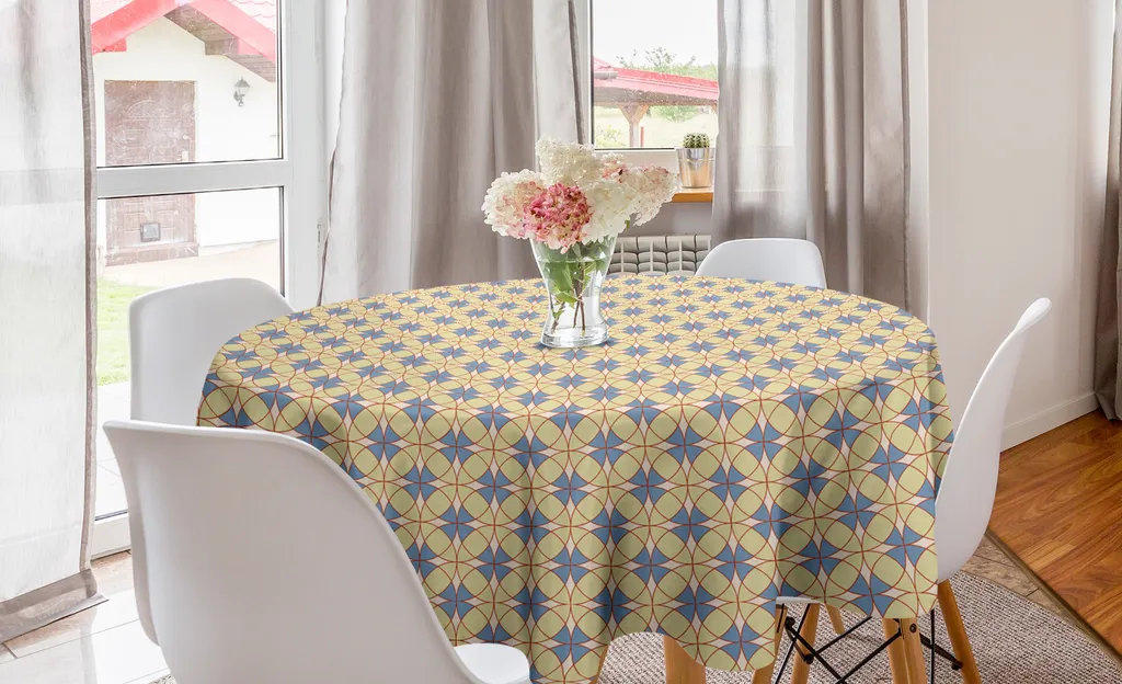 Tovaglia Rotonda 150 cm Vintage ABAKUHAUS - Cerchi Giallo e Blu