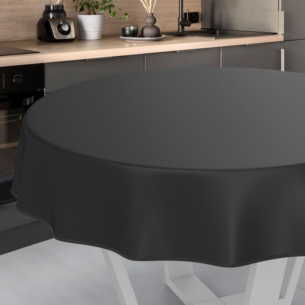 Tischdecke Textil-Optik UNI Schwarz Rund 140cm mit Band-Kante Wachstuch abwaschbar