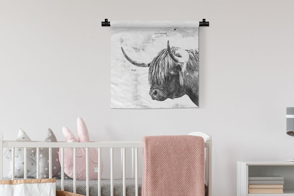 MuchoWow Wandteppich Wandbehang Schottisches Hochlandrind - Abstrakt - Schwarz - Weiß 60x60 cm Tapisserie Dekoration Wandtuch - Dekorationen - W...