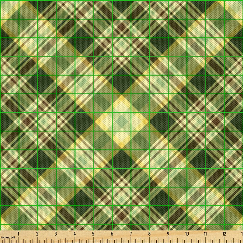 ABAKUHAUS Grün und Brown Satin Stoff als Meterware, Diagonales kariertes Muster-Iren-Tartan-geometrische klassische Anordnung, 2 M (148 x 200 cm),...
