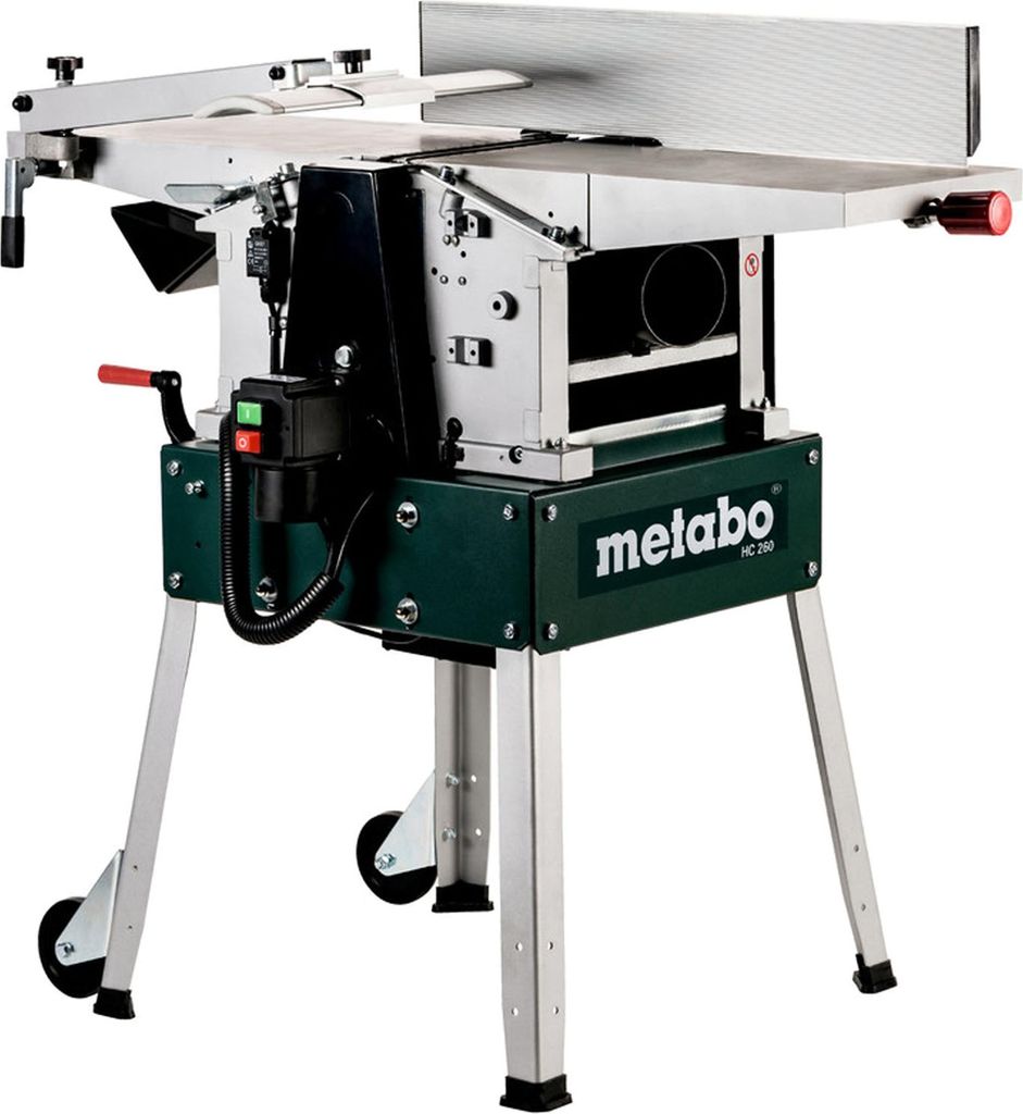 A woodworking planer machine on a white background.