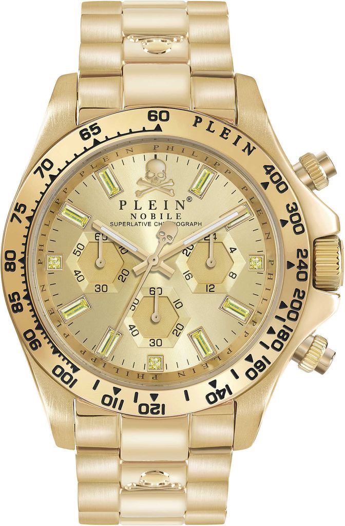 A close-up, front-facing studio shot of a gold chronograph watch.