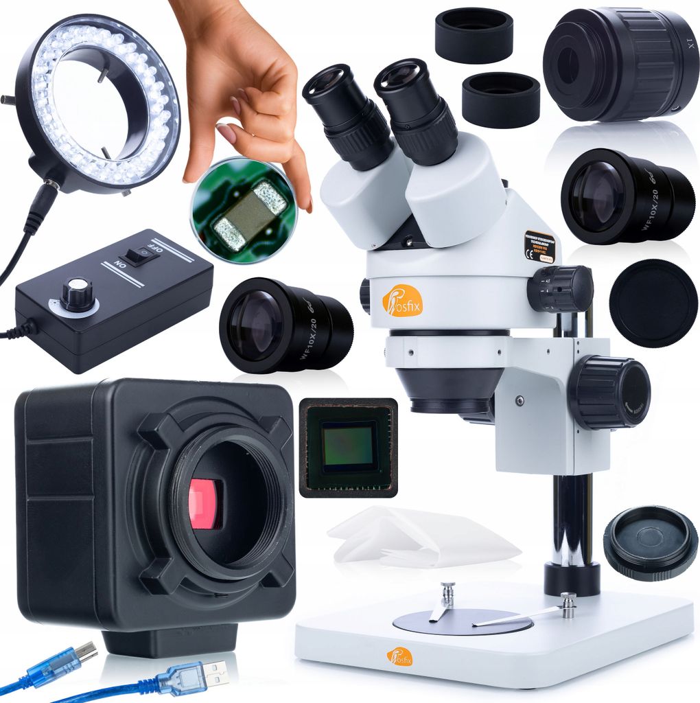 Rosfix Set Mercury Pro MSMP-T-PS1 – Trinokulares Stereomikroskop mit Crux PRO 5MP HDMI-USB Kamera & 56xLED Beleuchtung | 270x Zoom | C-Mount