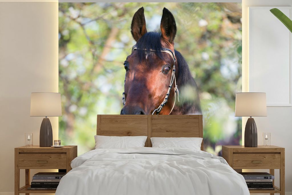 MuchoWow Fototapete für Wohnzimmer oder Schlafzimmer Wandtapete Vinyl Motivtapete Pferde - Blüte - Frühling - Tiere - 280x280 cm - Hintergrund...