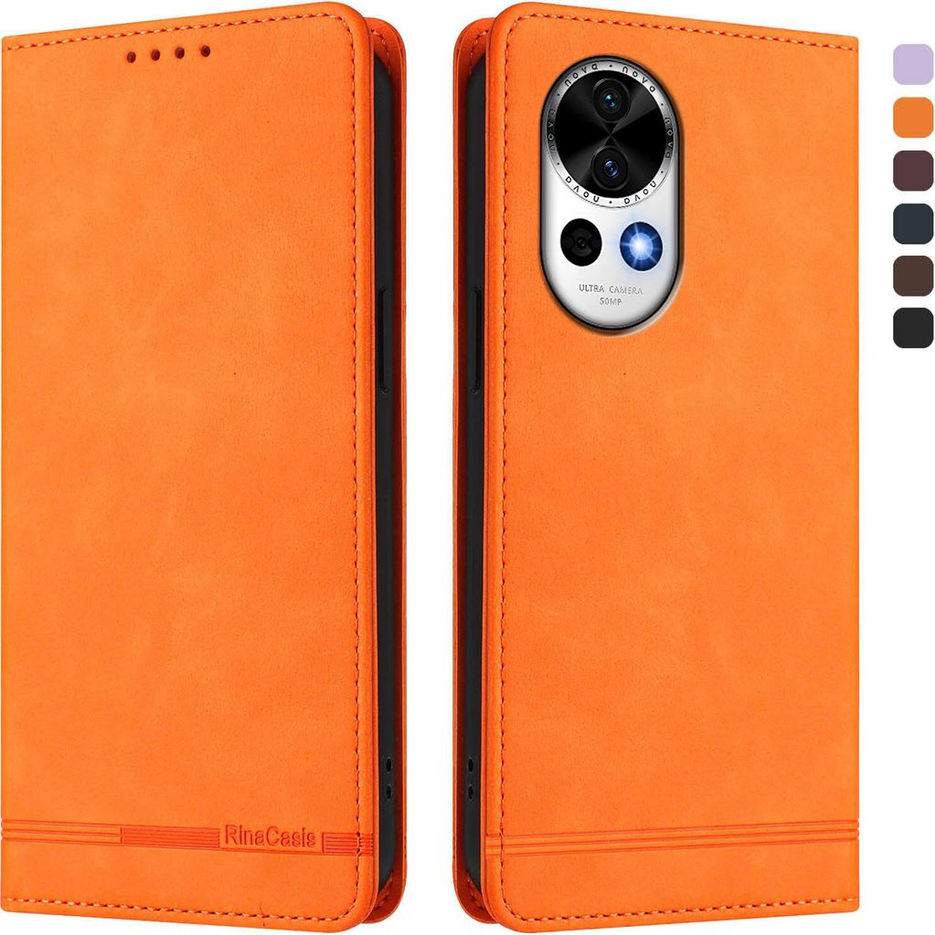 Hülle für Huawei Nova 13 /Nova 12, Retro Kunstleder Ständer Klapphülle mit Kartenfächer und Magnetische Orange