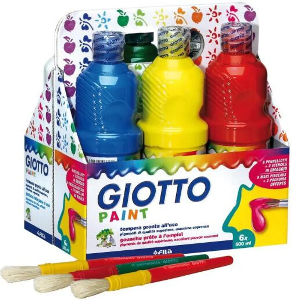 Giotto Tempera Peinture Gouache Prête à l'Emploi 6 x 500ml avec Pochoirs