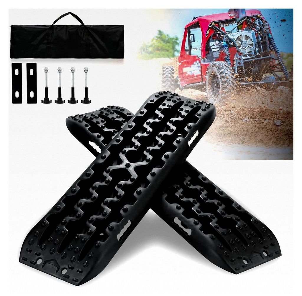 2x Anfahrhilfe für Wohnmobile, Sandbleche Traktionsmatte Kunststoff Recovery Board Offroad Tracks mit Aufbewahrungstasche und Installationstool, 1...