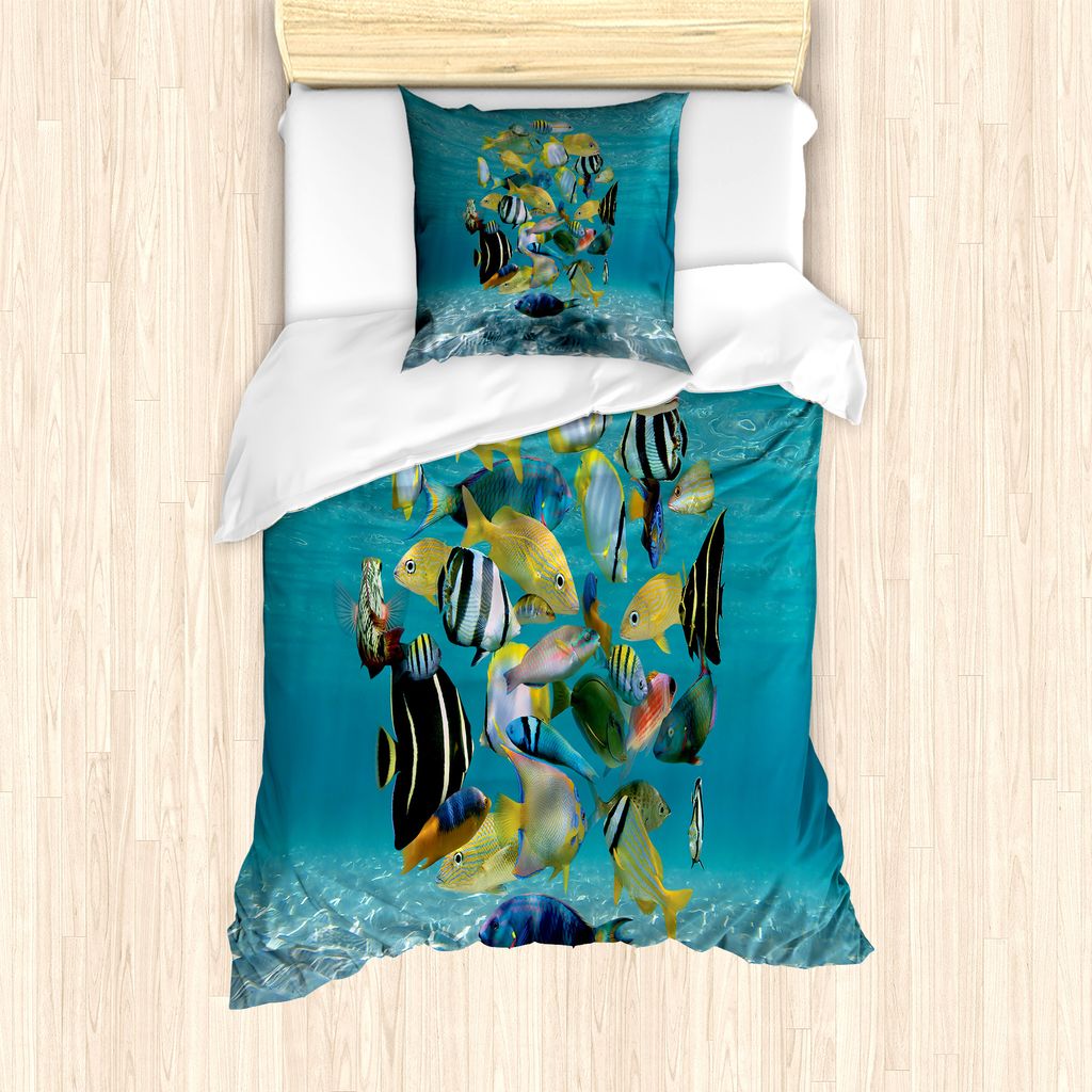 ABAKUHAUS Fisch Bettbezug Set für Einzelbetten, Masse der Fische Unterwasser, Milbensicher Allergiker geeignet mit Kissenbezug, 135 cm x 200 cm - ...