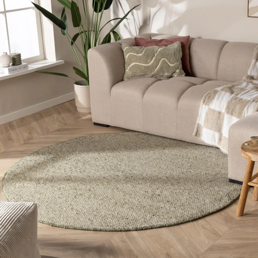 Tapis de chambre rond en laine Vert Olive 100 cm pour un coin lecture