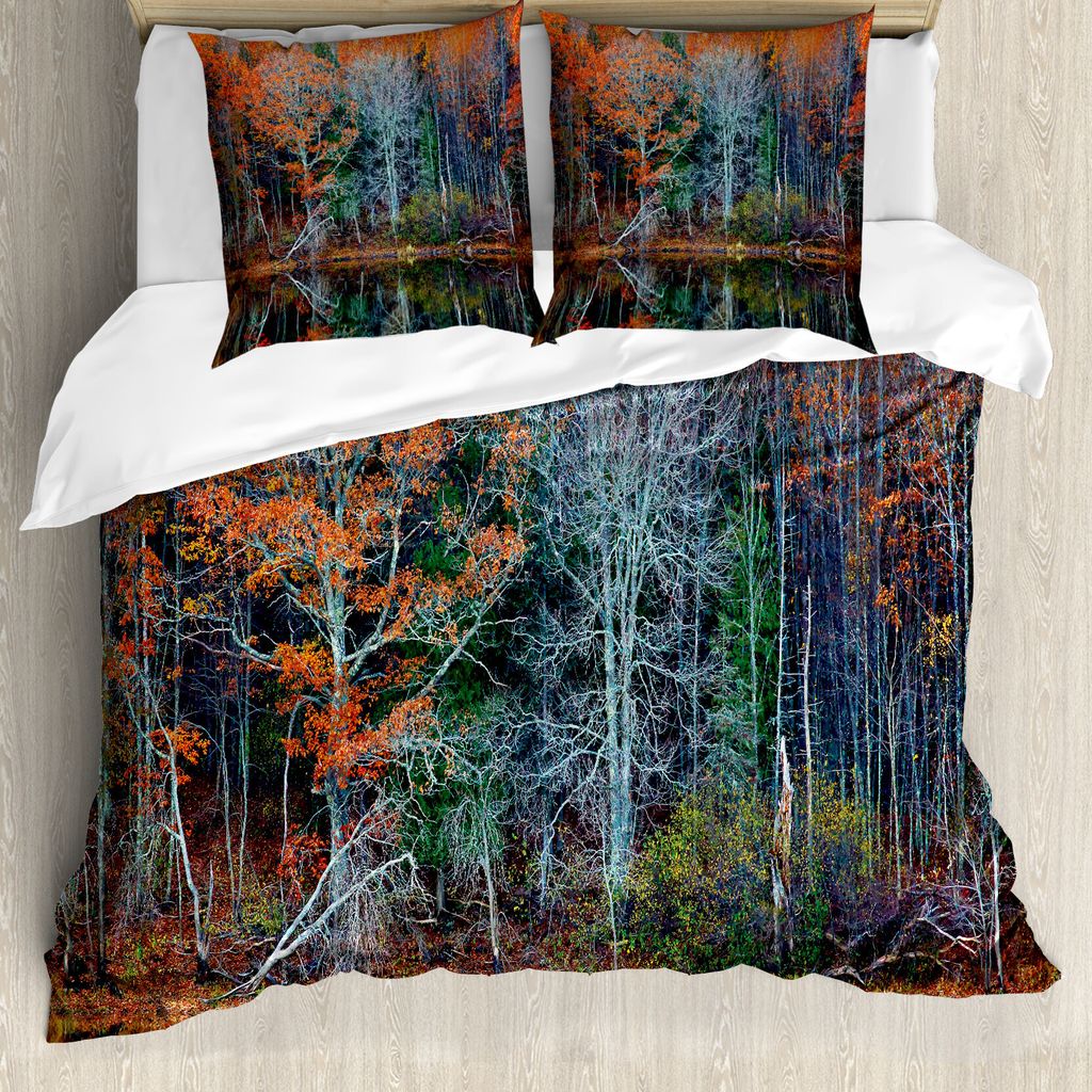 ABAKUHAUS Fallen Bettbezugs Set Für Doppelbetten, Wald Fluss Herbst, Milbensicher Allergiker geeignet mit Kissenbezügen, Rotbraun