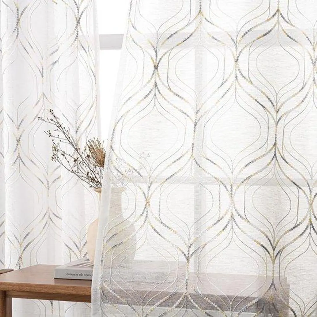 Voilages losanges découpés 260x140 cm - Ensemble 2 pièces gris blanc - Rideaux