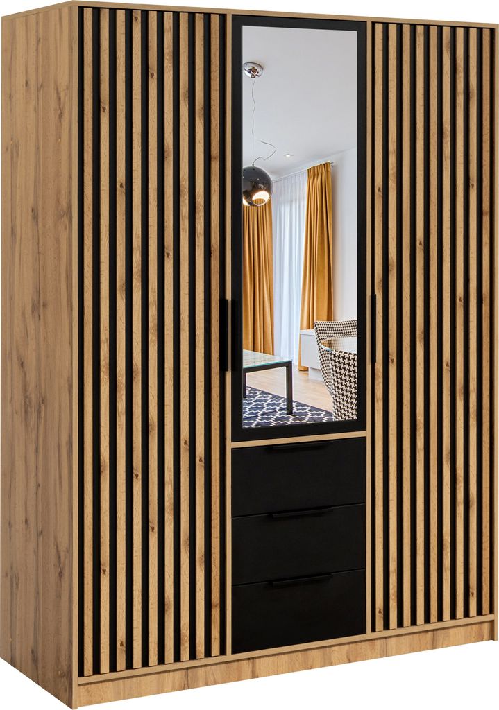 Kippschrank, Kleiderschrank mit Schubladen, Wotan/Schwarz/lamellas