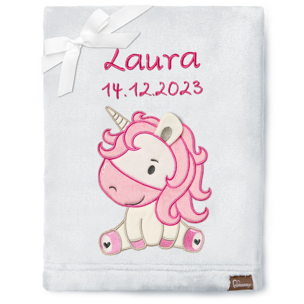 Be Mammy Babydecke mit 3D Applikation bestickt mit Name und Geburtsdatum 76 x 102 cm BE20-280 (Hellgrau – Einhorn, 76 x 102 cm)