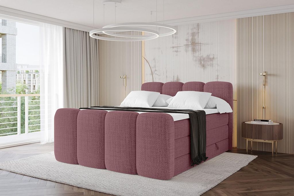 ALTDECOR Boxspringbett mit Fußteil - NINA-Z KING - 140x200 Altrosa Aragon- Komplett-Set mit H3 und H4 Matratzen und Topper, Polsterbett mit Bettk...