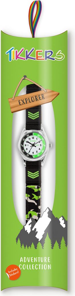 A Tikkers watch in its packaging, designed with an adventure theme.