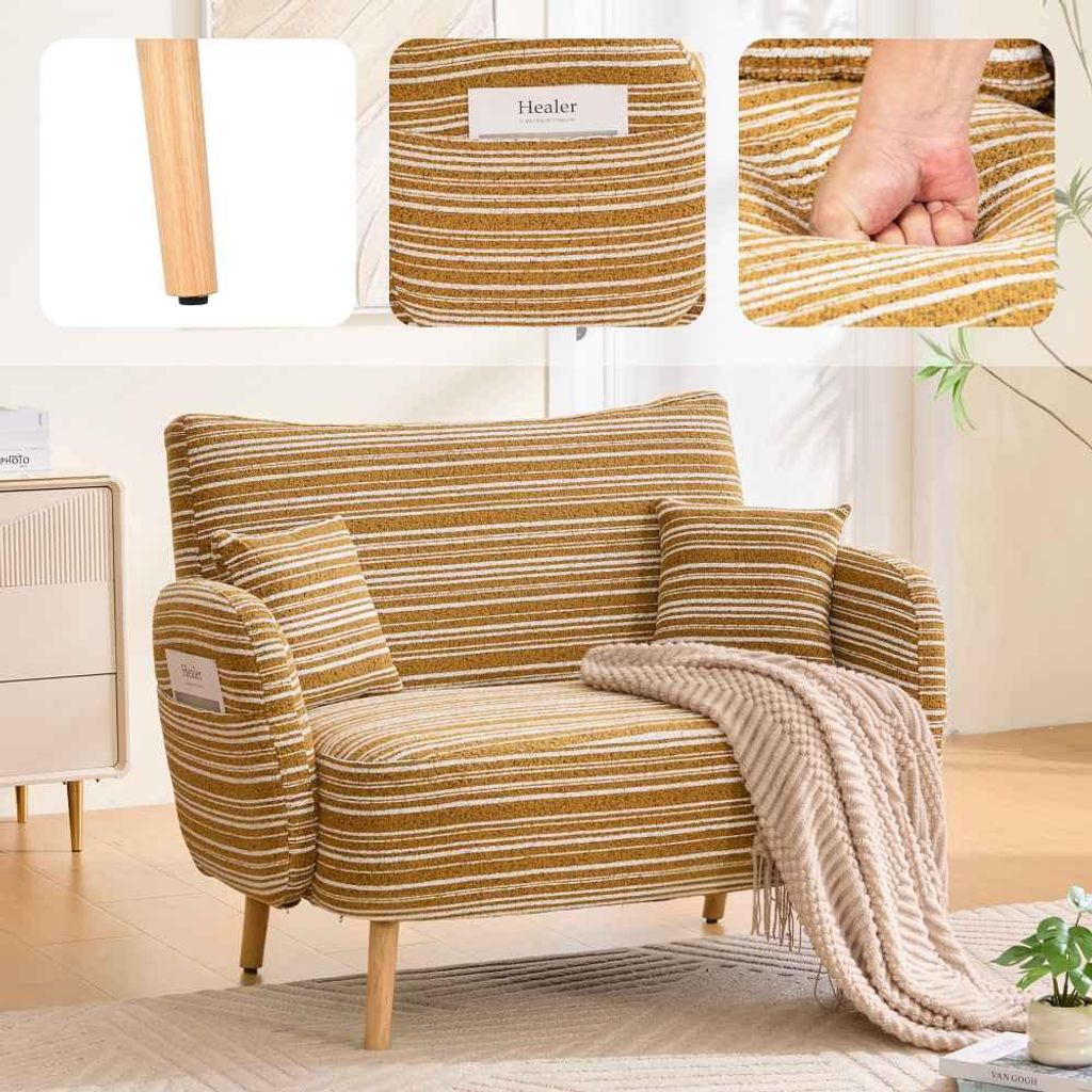 AIORBER Modernes 2-Sitzer Sofa aus Bouclé, kleines Polstersofa mit Armlehnenkissen und Seitentaschen für Wohnzimmer Schlafzimmer, Senfgelb