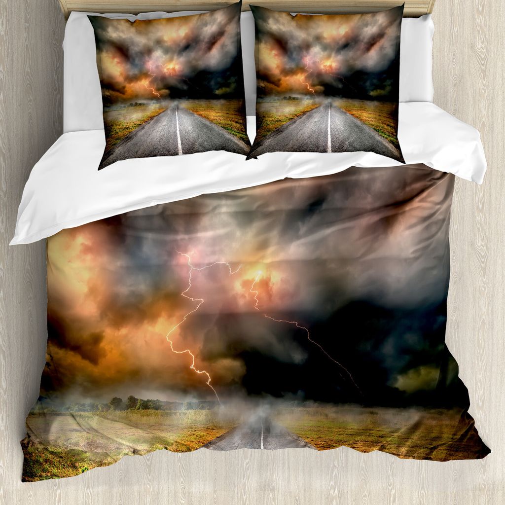 ABAKUHAUS Natur Bettbezug, Dusty Gewitterwolken, Milbensicher Allergiker geeignet mit Kissenbezügen, 200 cm x 200 cm - 80 x 80 cm, Orange Grau