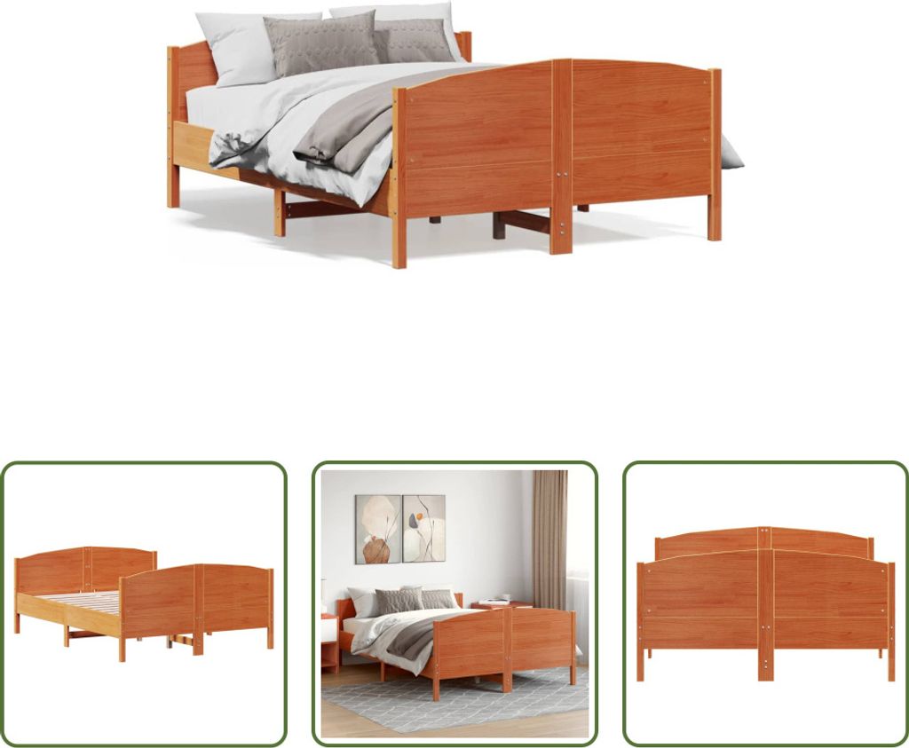The Living Store Massivholzbett mit Kopfteil Wachsbraun 150x200 cm Kiefer