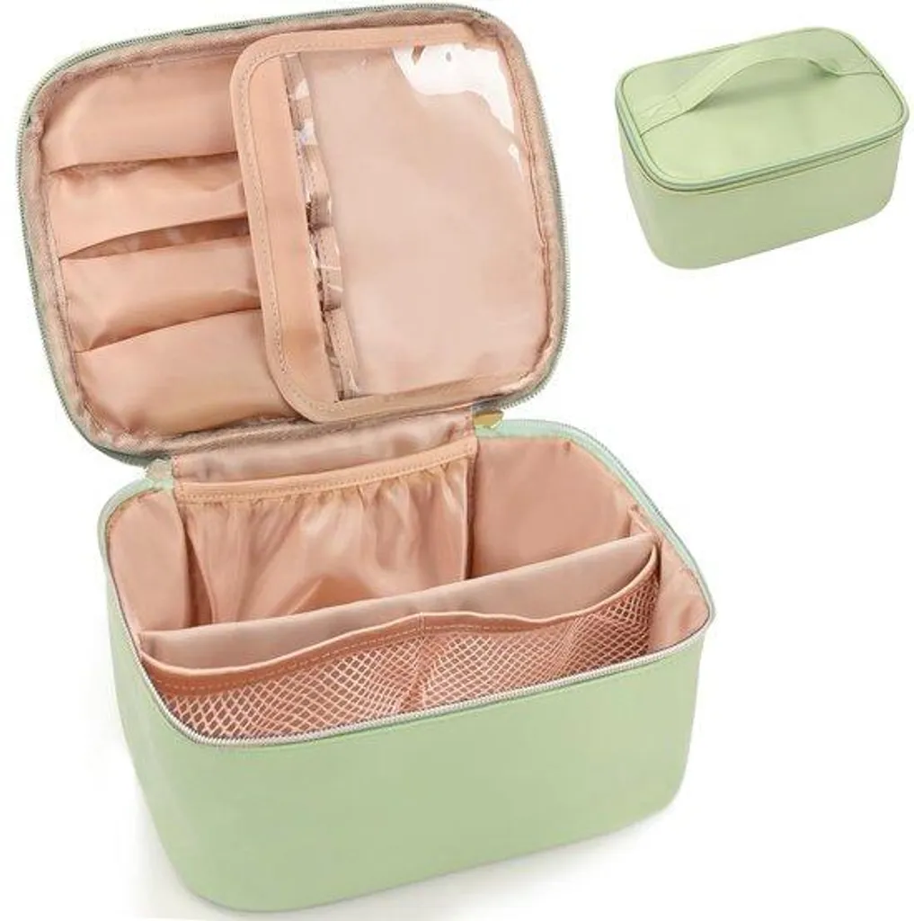 Trousse de maquillage de voyage grande taille en cuir PU imperméable verte