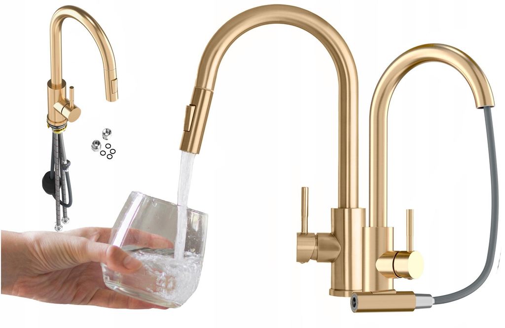 Granitan | Küchenarmatur Loseto - Gold - 39 cm Höhe - 360° Schwenkbar - Ausziehbare Brause