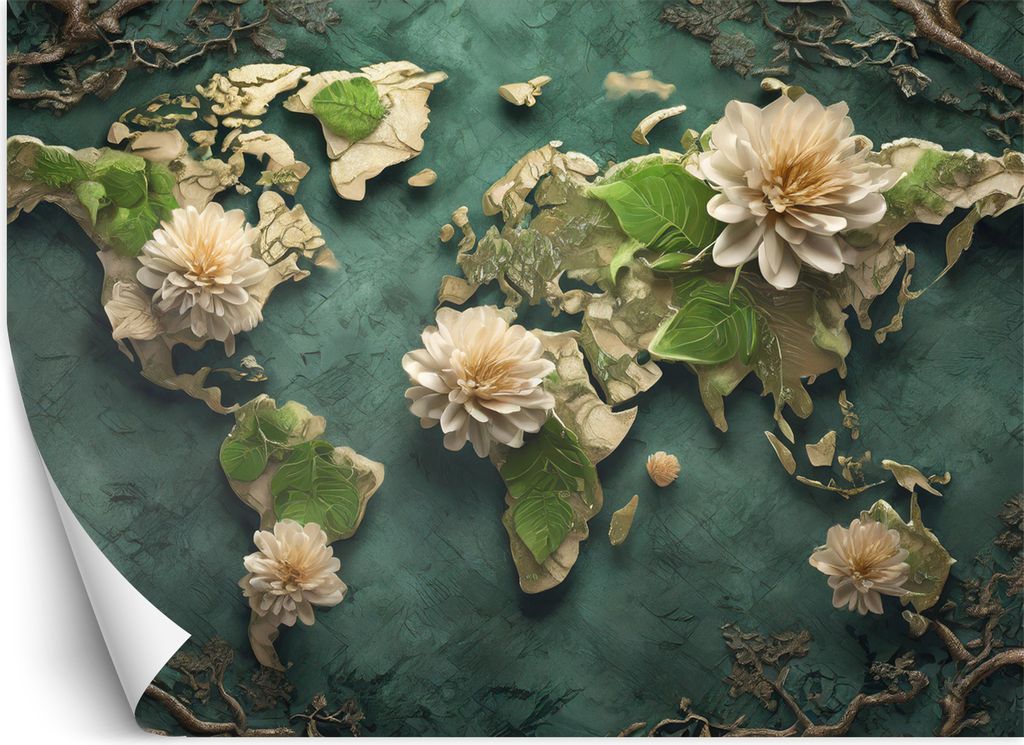 Vlies fototapete Blumen Weltkarte Weiß 200x140 cm Feeby Grün inkl. Kleber einfache Montage