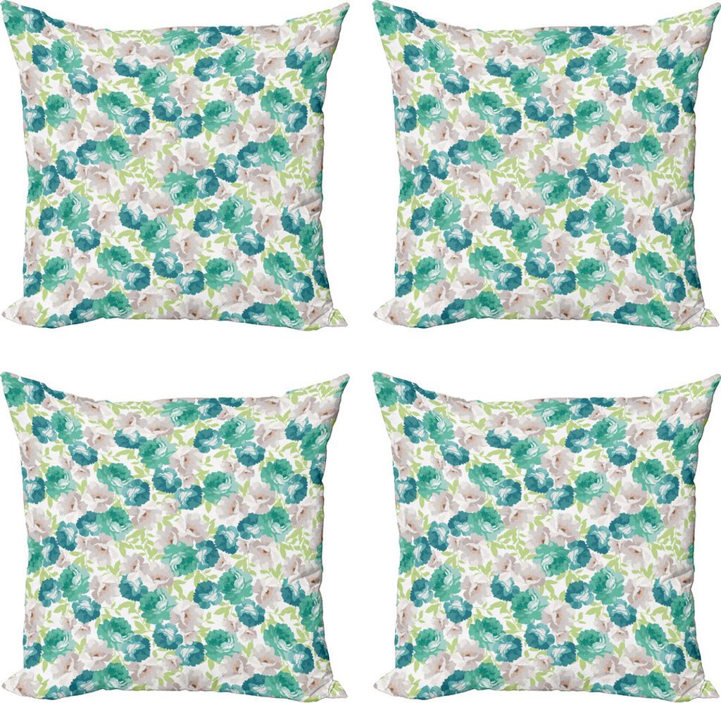 ABAKUHAUS Blume Kissenbezug Set (4 Stück), Flora-Muster mit Rose, Moderner Doppelseitiger Digitaldruck, 40 cm x 40 cm, Türkis Beige Grün