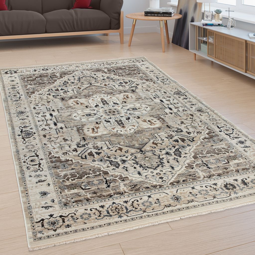 Teppich Wohnzimmer Kurzflor Orientalisches Muster Ornamente Bordüre Beige Creme Grösse 80x150 cm