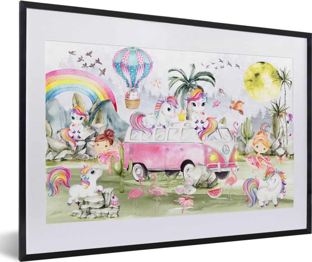 MuchoWow Gerahmtes Poster Einhorn - Regenbogen - Kinder - Mädchen - Auto 60x40 cm - Poster mit Schwarzem Bilderrahmen Wandposter Rahmen Foto Bil...