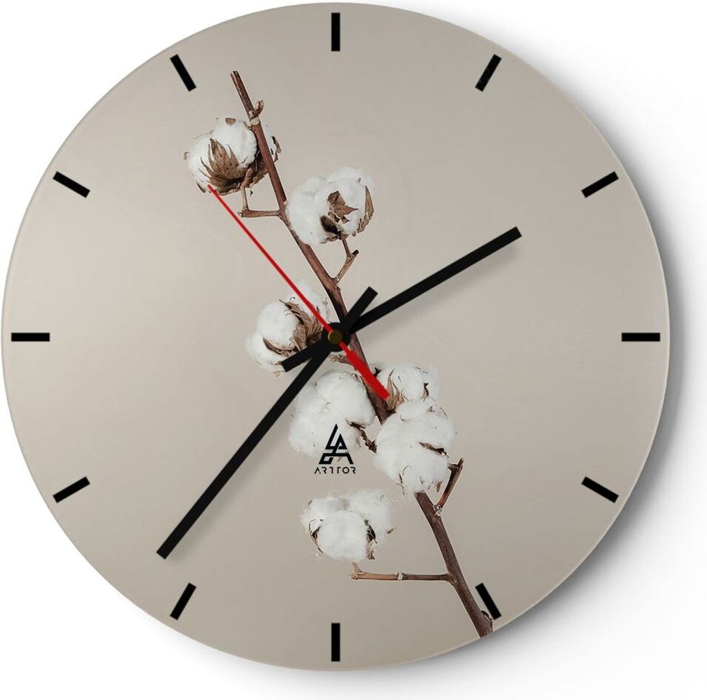 Wanduhr - Rund - Glasuhr - Baumwolle Zweig Boho - 40x40cm - Schleichendes Uhrwerk - Lautlos - zum Aufhängen bereit - Dekoration Modern - Wanddekor...