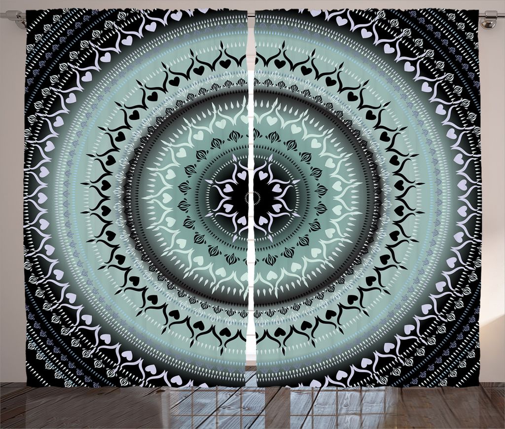 ABAKUHAUS Mandala Rustikaler Gardine, Vintage Mandala Kreise, Schlafzimmer Kräuselband Vorhang mit Schlaufen und Haken, 280 x 245 cm, Blau Schwarz