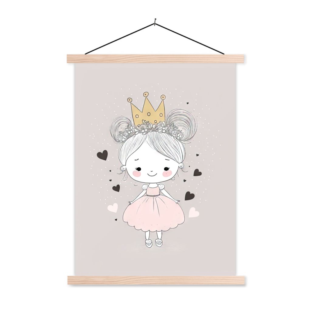 MuchoWow Textilposter Prinzessin - Mädchen - Herzen - Krone - Rosa 120x160 cm mit holzfarbenen Rahmen - Plakatkarton