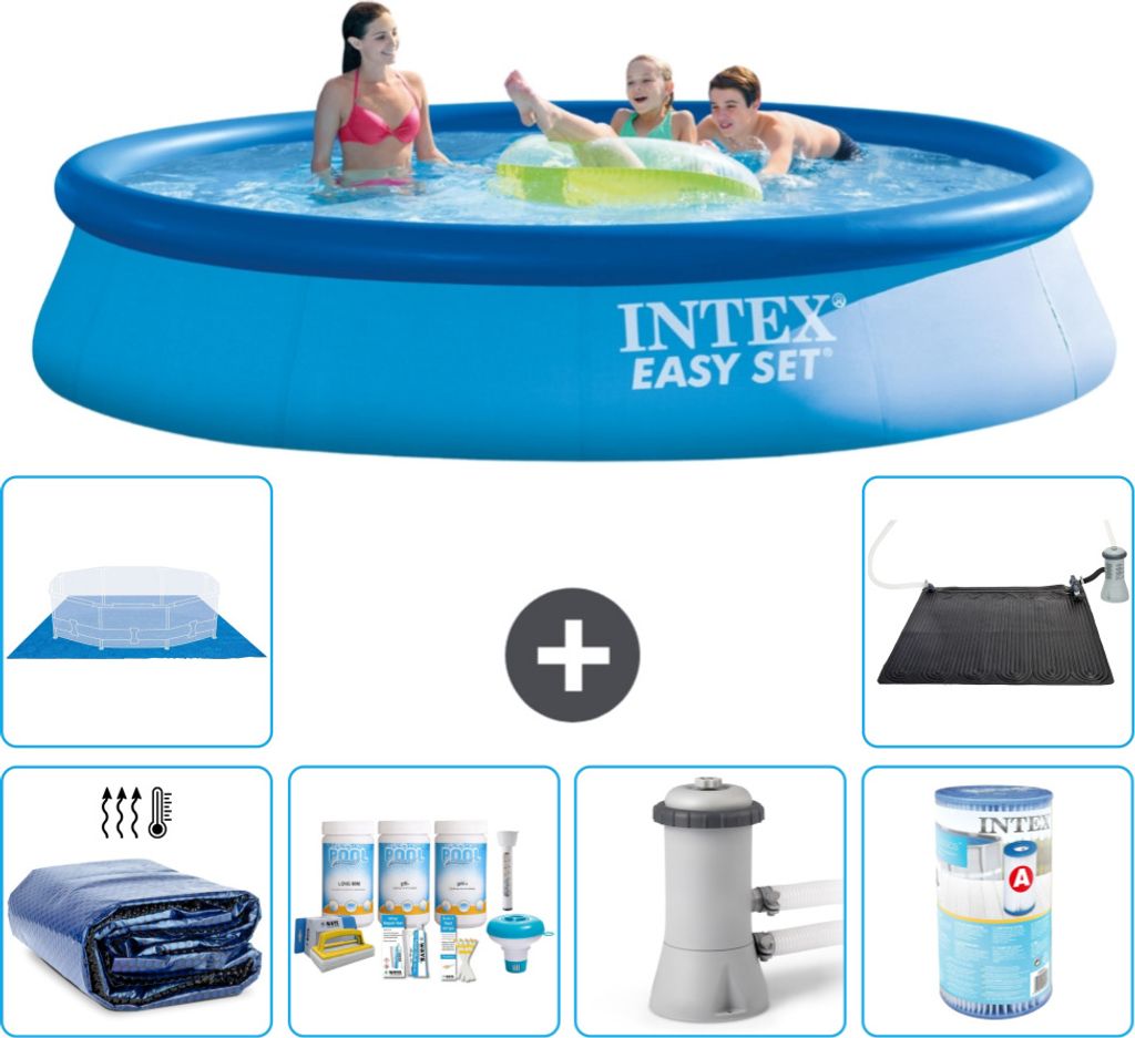 Intex runder aufblasbarer Easy Set-Pool – 396 x 84 cm – Blau – im Lieferumfang enthalten Sonnensegel - Wartungspaket - Filterpumpe für Schwi...