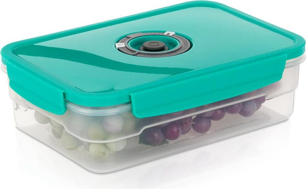 A clear, professional studio shot of a vacuum-sealed food container filled with grapes.