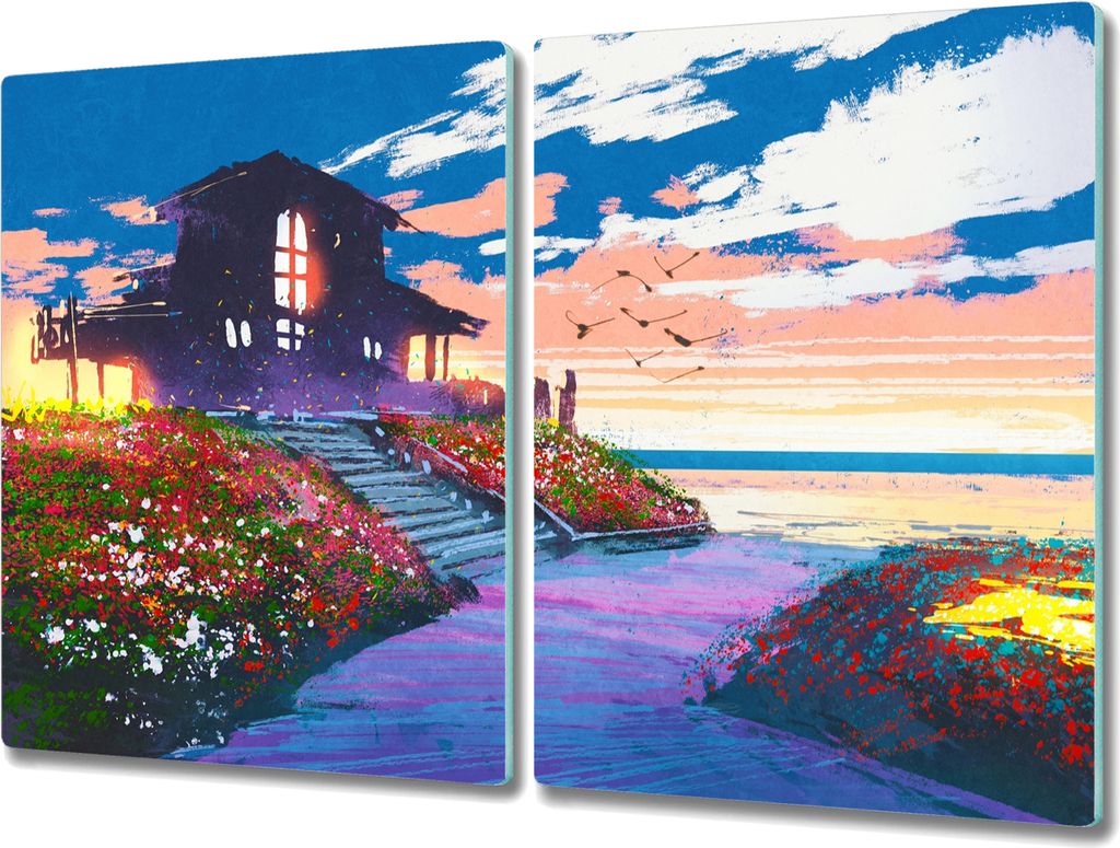 Coloray Herdabdeckplatte 2x40x52 cm Schneidebrett Kochplattenabdeckung Küchenbrett Hackbrett - Blumen Himmel