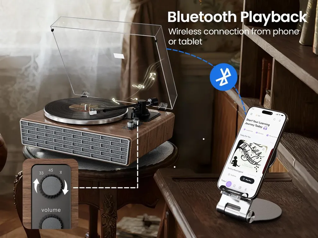 Platine Vinyle Bluetooth en Noyer Rétro avec Cellule Audio-Technica AT - 14