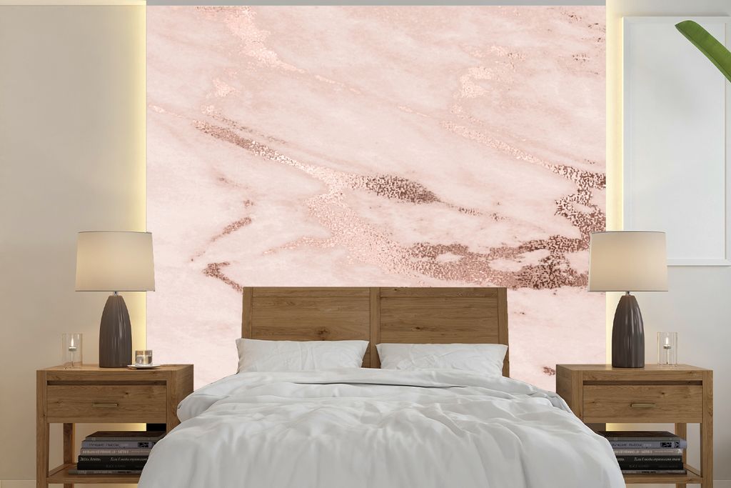 MuchoWow Fototapete für Wohnzimmer oder Schlafzimmer Wandtapete Vinyl Motivtapete Marmor - Rosa - Rose - Gold - 240x240 cm - Schlafzimmer-Tapete