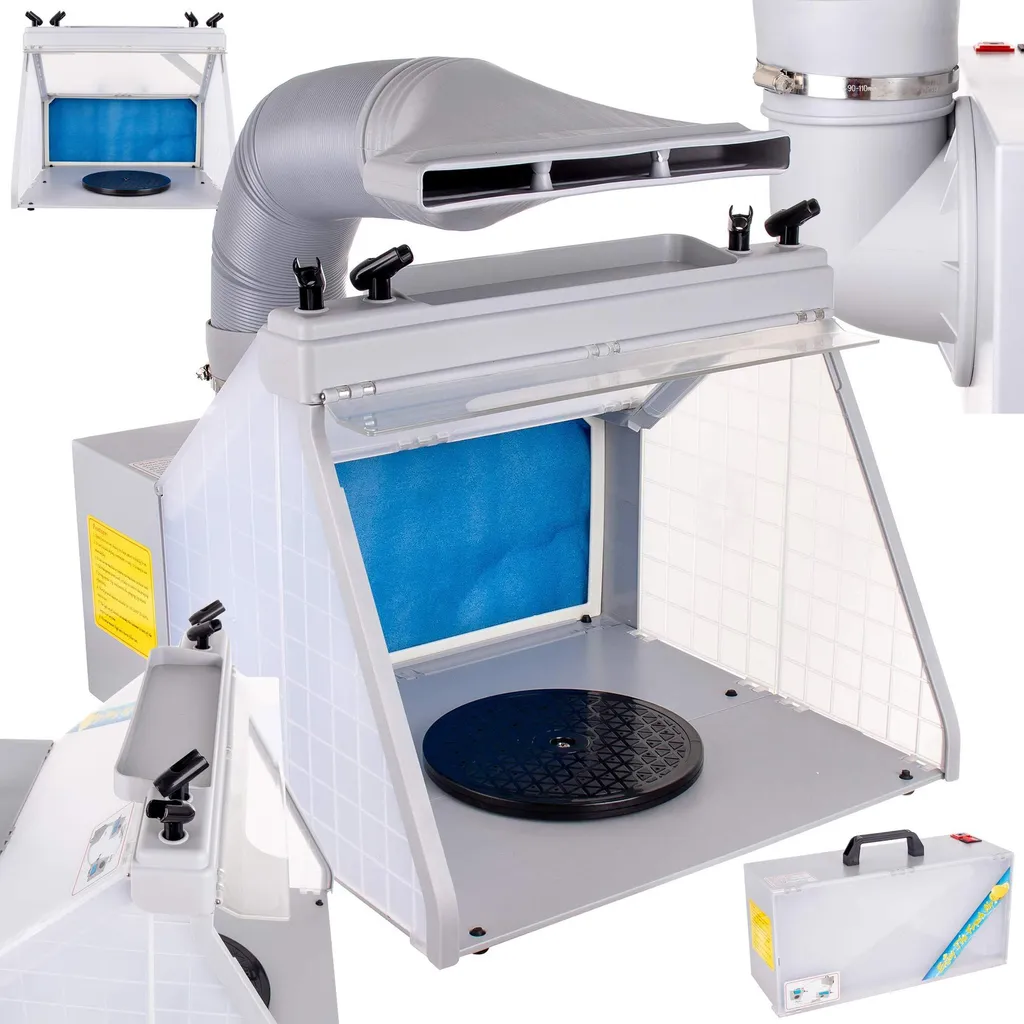 Cabina portatile per la verniciatura di modelli con 4 portapistole ad aerografo, illuminazione e aspirazione