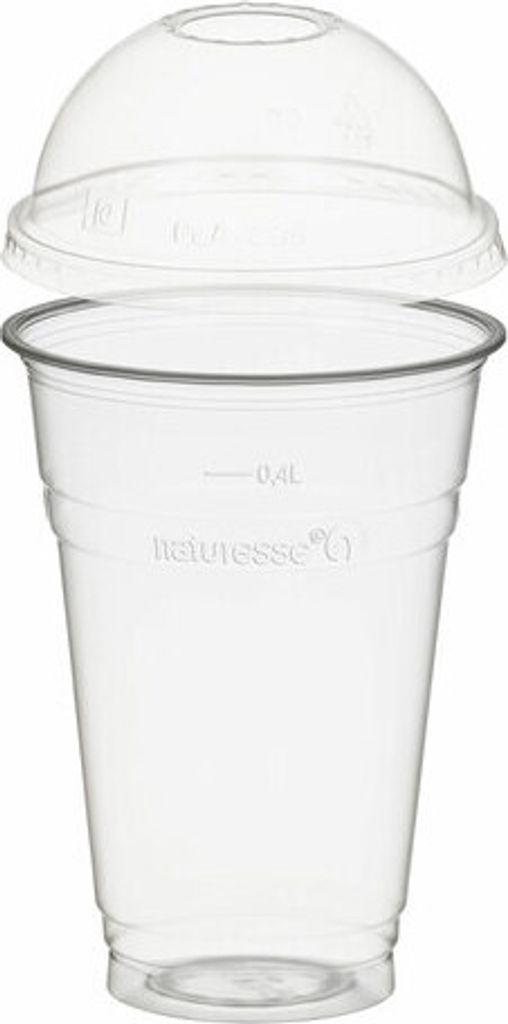 50x Trinkbecher 400ml + Domdeckel mit Rundloch aus Biokunststoff (PLA)