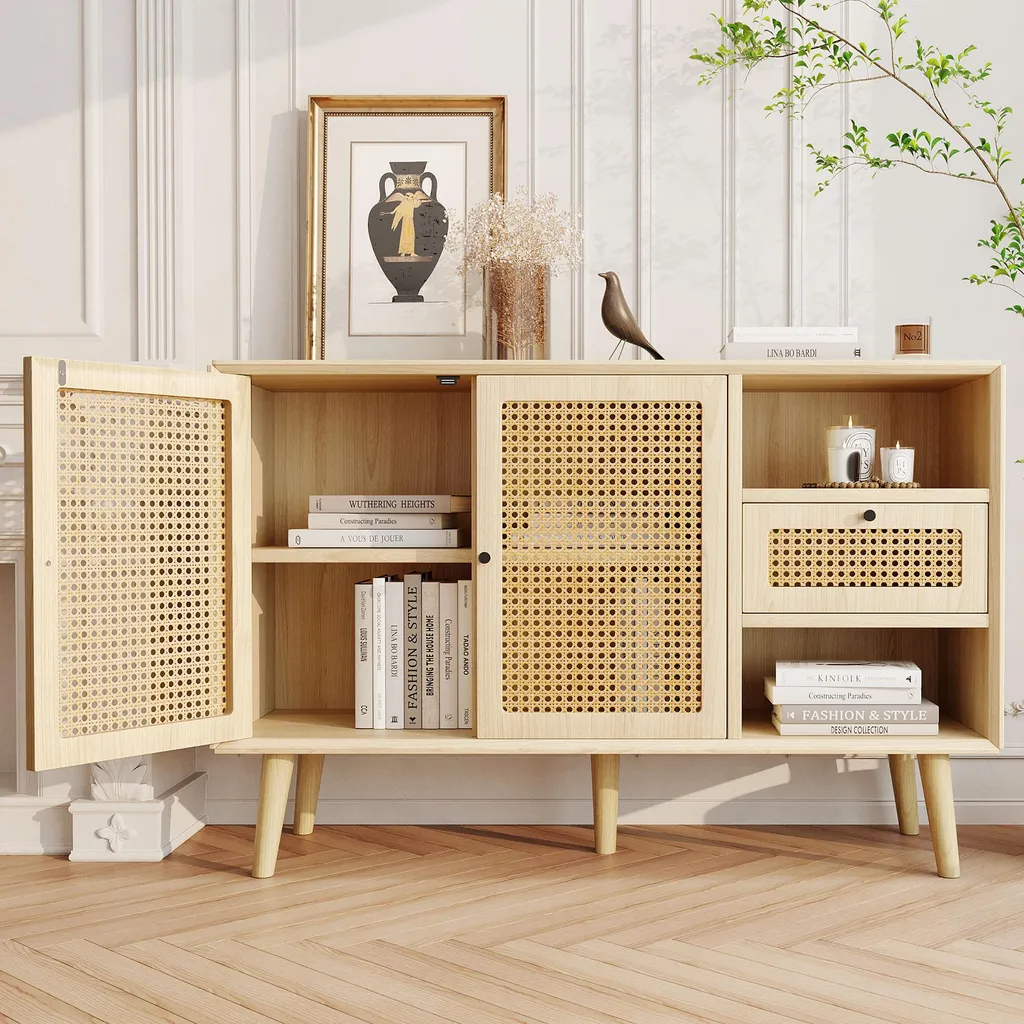 Commode de Salon avec Portes en Rotin, Buffet Bas 120cm Style Bohème - 2