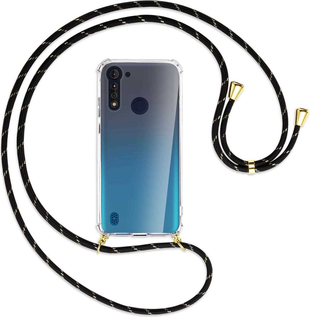 Handykette Backcover-Schutzhülle mit Band (Metall goldfarben) für Motorola Moto G8 Power Lite - schwarz/gold