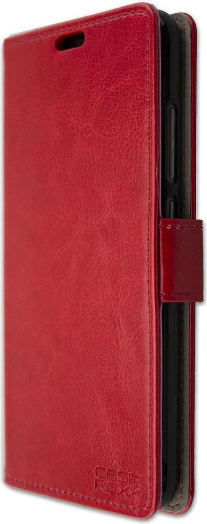 A red flip-style phone case is shown from the side.