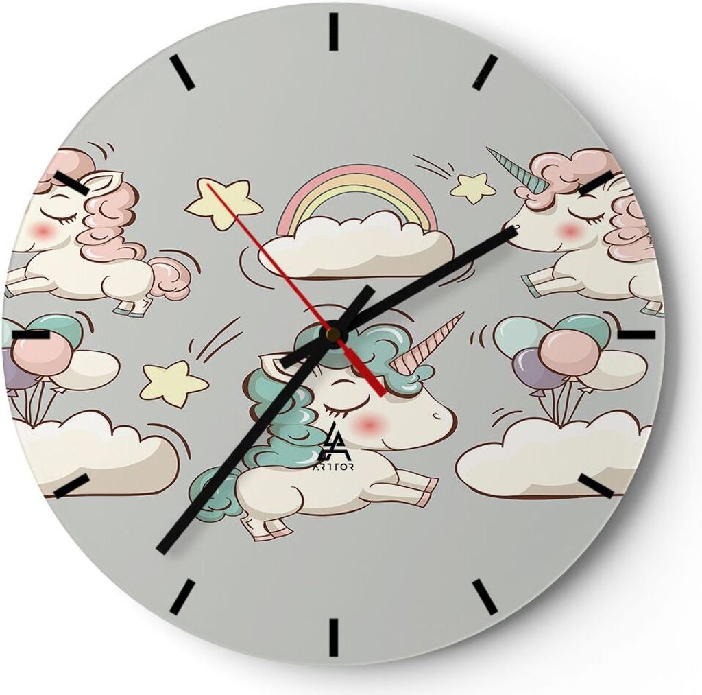 Wanduhr - Rund - Glasuhr - Wolke Tapete Einhorn Ballon - 40x40cm - Schleichendes Uhrwerk - Lautlos - zum Aufhängen bereit - Dekoration Modern - Wa...
