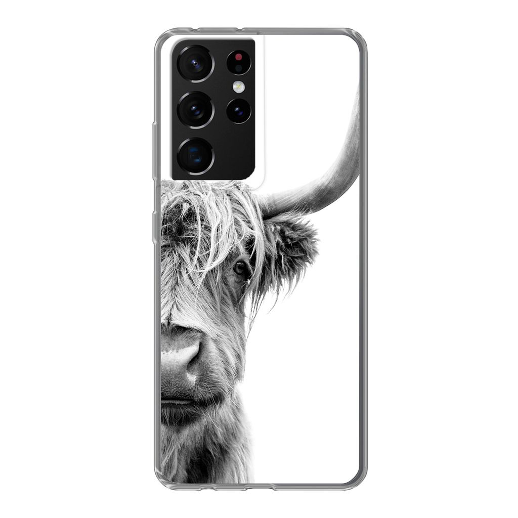 MuchoWow Handyhülle Schutzhülle Hülle für Samsung Galaxy S21 Ultra Schottischer Highlander - Tiere - Schwarz - Weiß Silikon Softcase Handy H...