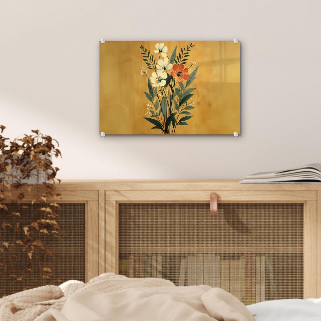 MuchoWow Glasbilder - Bilder auf Wandbild - Foto auf Glas Blätter - Blumenstrauß - Gelb 30x20 cm Wanddekoration aus Glas - Acrylglasbild - Acrylb...