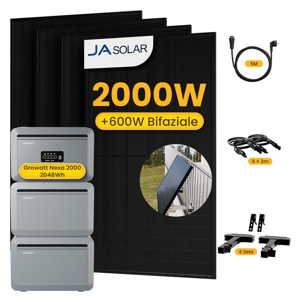 Powerness Balkonkraftwerk mit Speicher, Growatt NEXA 2000 Speicher und 2x NEXA2000E Erweiterungsakku,JASolar 2000W Module,4x Balkon-Halterung(Schwarz)