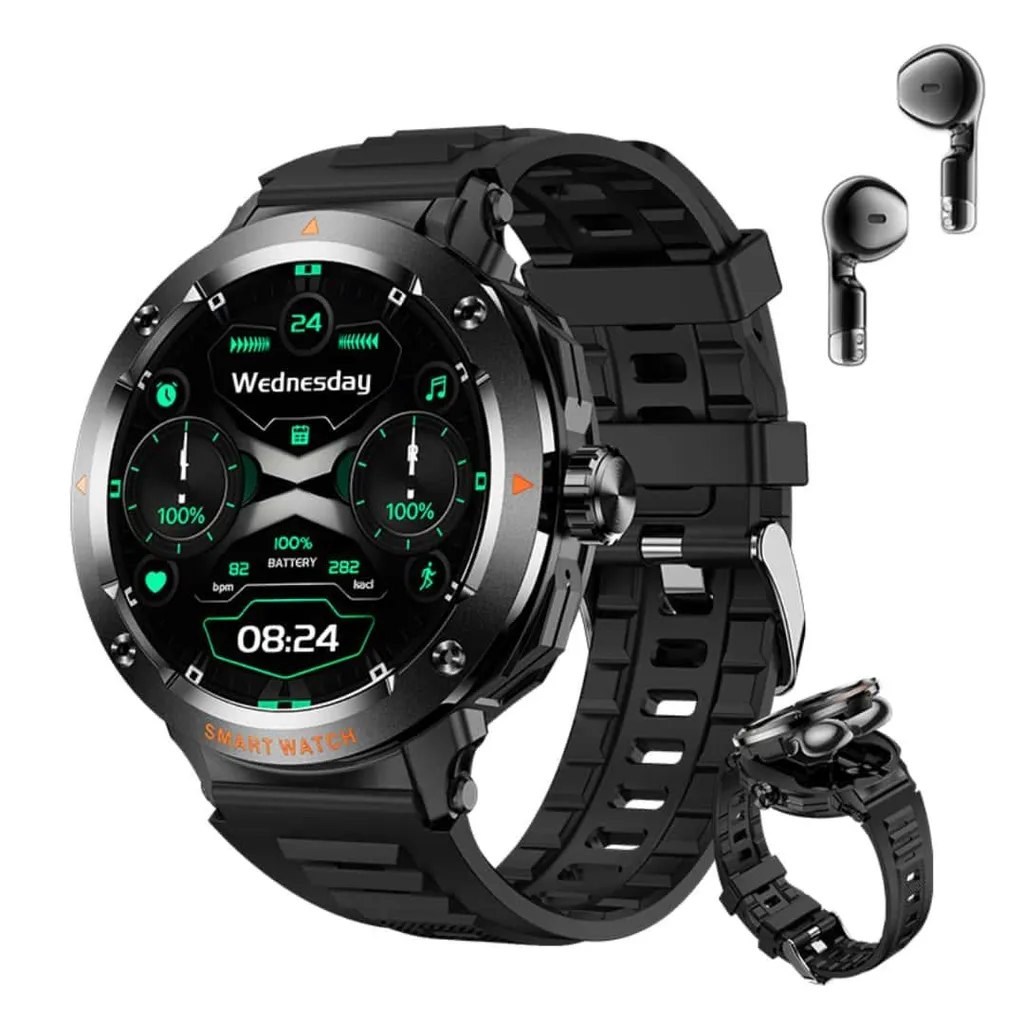 ZELURXX Smartwatch Cuffie Bluetooth 2-in-1 Orologio Fitness Frequenza cardiaca Sonno Musica TWS NFC Multisport APP Connessione Multilingua Nero