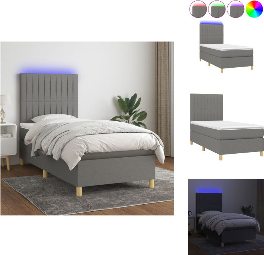 vidaXL Boxspringbett mit Matratze & LED Dunkelgrau 90x190 cm Stoff - Betten & Bettgestelle