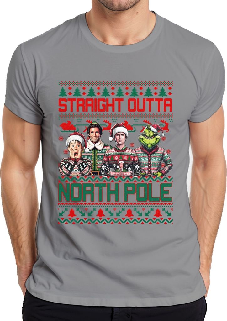 Straight Outta North Pole Ugly Xmas Sweater Weihnachtsfilme - Weihnachten Christmas Herren T-Shirt, Grau, XXL