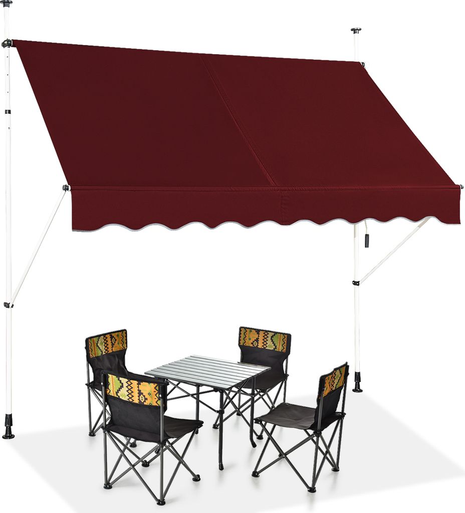A burgundy awning is set up over a small table and four chairs, suggesting an outdoor seating area.