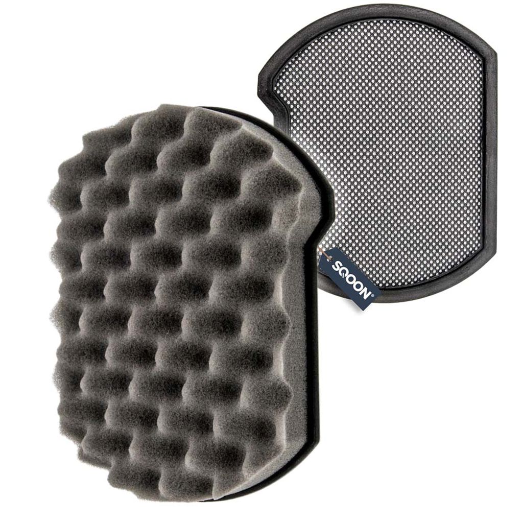 A product photo of two microphone pop filters. One is a black mesh filter, and the other is a textured grey foam filter. They are shown from a slightly elevated, diagonal angle against a white background.